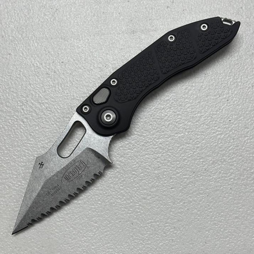 Microtech Stitch Black Auto Serrated Spear Point (3.62" Stonewash M390) 169-12