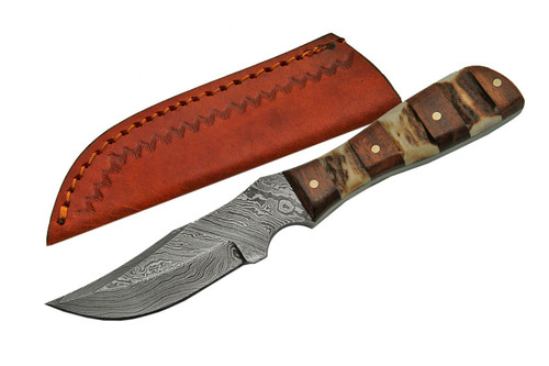 Damascus Mini Stag / Wood Handle Skinner Fixed Blade (6.25" Overall)