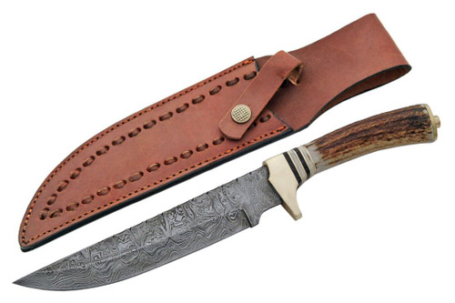 Damascus Filework Hunter Stag Handle Fixed Blade (13.5" Overall)