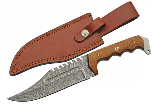 Damascus Stich Back Clip Point Wooden Handle Fixed Blade (11.75" Overall)