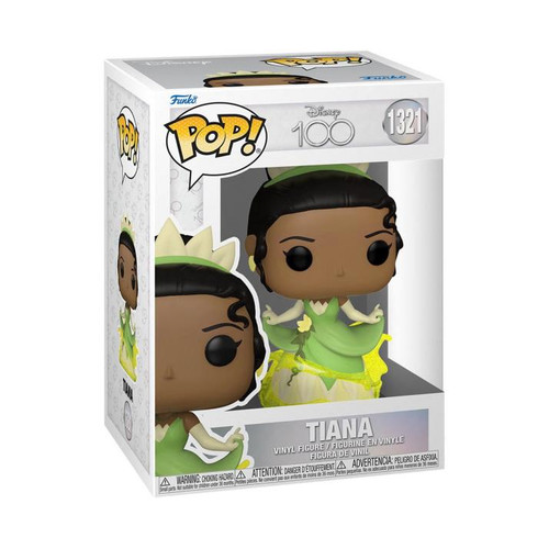 Funko Pop! Tiana Disney 100th Anniversary Vinyl Figure with Glow-in-the-Dark Paint Effect, SKU 22119. 3.75 inches tall, featuring Tiana in her iconic green dress and holding a lily pad.