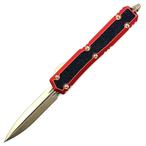 Microtech Makora Bronze Red w/ Black Traction Inlays OTF Knife Double Edge (3.3" Bronze) 206-13RDS