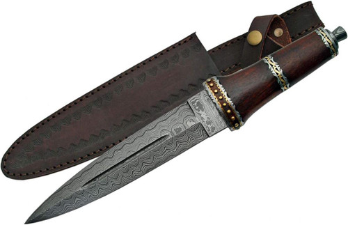 Damascus Fancy Dirk Wood Handle Fixed Blade (14" Overall)