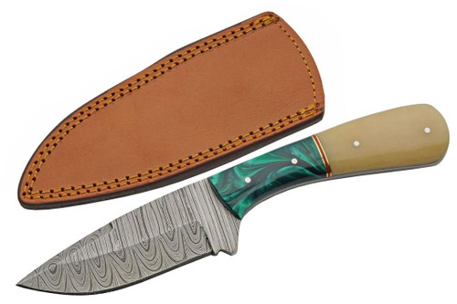 Damascus Deep Green / Camel Bone Skinner Fixed Blade (8.5" Overall)