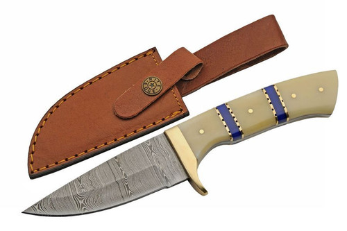 Damascus Admirals Blue Bone Handle Skinner Fixed Blade (9" Overall)