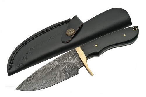 Damascus Black Horn Twist Hunter Fixed Blade (9" Overall)