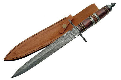 Damascus Fancy FileworkShort Dagger Fixed Blade (15" Overall)