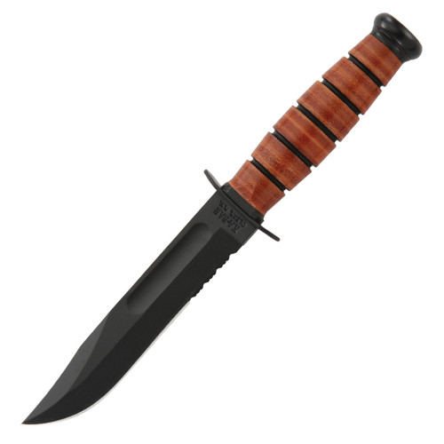 Ka-Bar Short USMC Fixed Blade Knife Brown Leather [5.25" Serrated Black] Clip Point KA1252