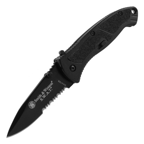 S&W Large SWAT Spring Assisted Knife Liner Lock Black Aluminum [3.75" Black Serrated]