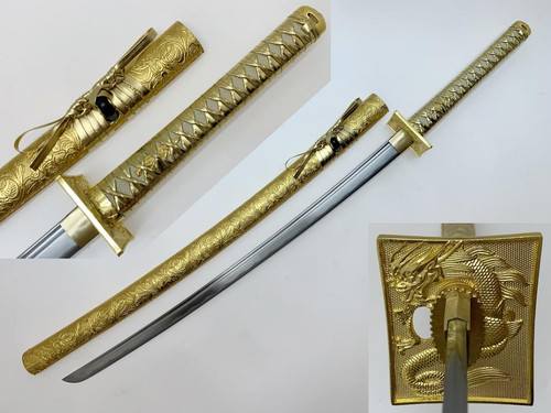 Gold Wrapped Scabbard (GOLD DRAGON GUARD) Handmade Samurai Sword (1045 Carbon)