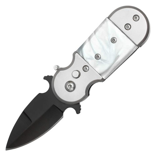 Micro Push Button Auto Stiletto (White Marbled) Pocket Knife