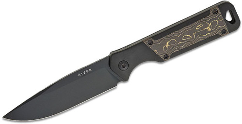 Militaw (Black Aluminum/Gold CamoCarbon Inlays) Fixed Blade [3.83" Black CPM-S35VN] Kizer Cutlery 1067A1