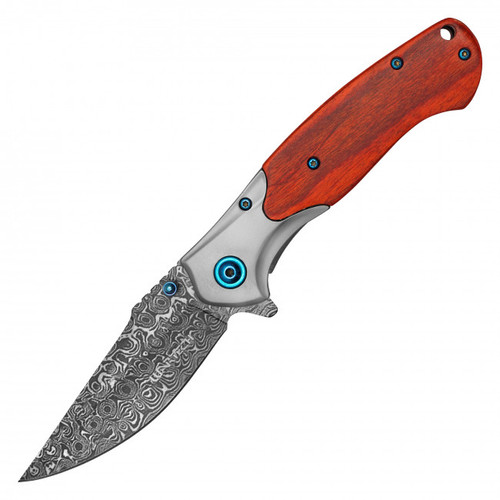 Wartech Classic (Natural Wood Handle/Blue Accents) A/O Pocket Knife [3.25" Etched Damascus Blade]