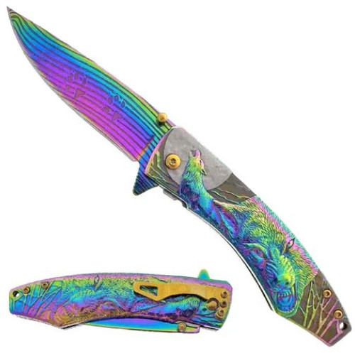 Howling Wolf with Moon (RAINBOW) A/O Pocket Knife [3.25" Rainbow 440 Stainless Steel]