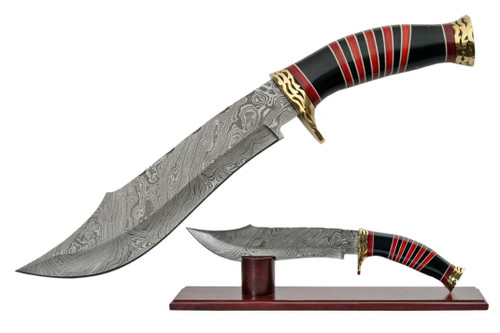 Damascus Striped Bowie Red & Buffalo Horn Fixed Blade (14" Overall)