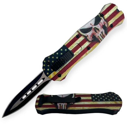 OTF (SKULL with FLAG) Double Edge Pocket Knife CA Legal