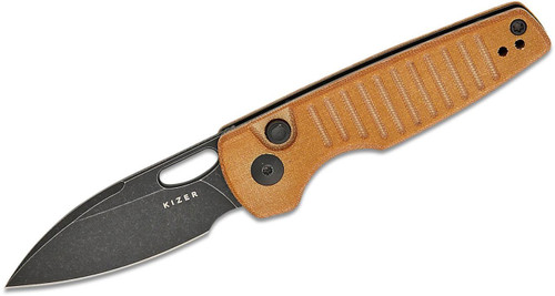 Parakeet Button Lock [Milled Brown Canvas Micarta Handle] Pocket Knife [2.46" Black Nitro-V] Kizer Cutlery V2706A3