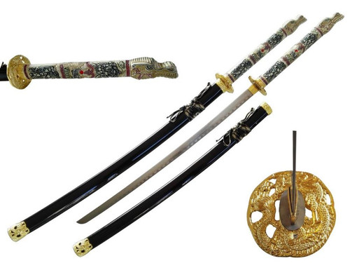 Highlander Dragon (Closed Mouth) Handle Katana with Gold Dragon Tsuba Samurai Sword 42.5"