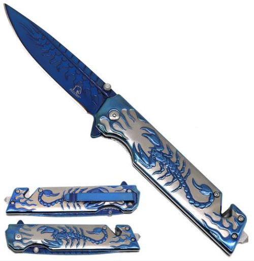 Falcon Rescue Scorpion Design (BLUE) A/O Pocket Knife [5" Rainbow 440 Stainless Steel]