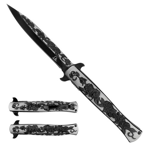 Falcon Stiletto Rose Design (BLACK) A/O Pocket Knife [4" Black 440 Stainless Steel]
