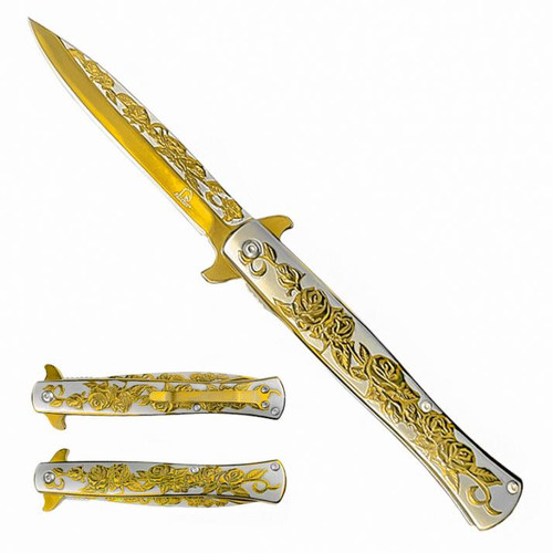 Falcon Stiletto Rose Design (GOLD) A/O Pocket Knife [4" Gold 440 Stainless Steel]