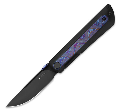 Quoll Front Flipper Titanium Knife Black & Purple Timascus (2.95" Black DLC S45VN) Kizer Cutlery Ki3733A3