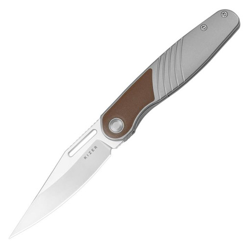 Raze Front Flipper Knife Titanium + Leather (3.5" Stonewashed S45VN) Kizer Cutlery Ki3720A2