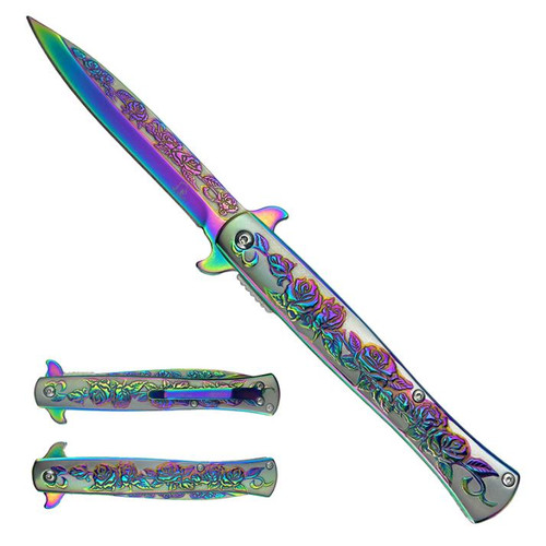 Falcon Stiletto Rose Design (RAINBOW) A/O Pocket Knife [4" Rainbow 440 Stainless Steel]