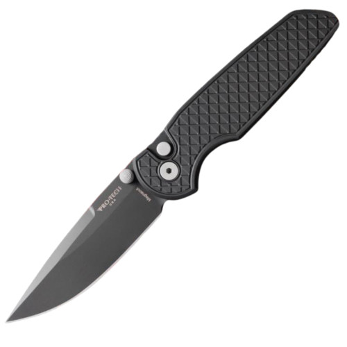 Pro-Tech Integrity Button Lock Knife Relic Textured Black Aluminum (3.5" Black DLC MagnaCut) INT1106
