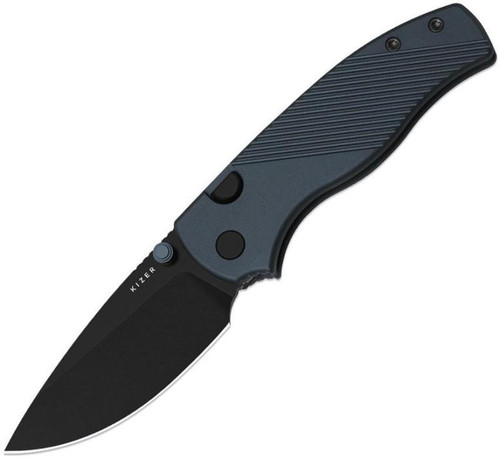 Glaux (Blue Aluminum) Button Lock Pocket Knife [3.02" Black PVD 14C28N] Kizer Cutlery V3801A3