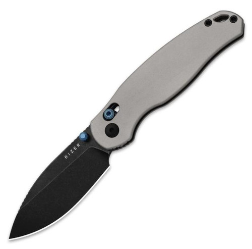 Phoca CD (Light Gray Aluminum) Clutch Lock Pocket Knife [2.95" Black Stonewashed 14C28N] Kizer Cutlery V3781CDA2