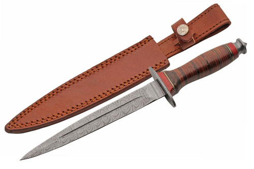 Damascus Square Commando Dagger Stacked Leather Handle Fixed Blade (13" Overall)
