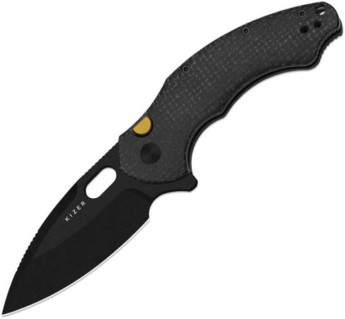 Roach XL (Micarta) Button Linerlock Pocket Knife [3.5" Black PVD Stonewashed 14C28N] Kizer Cutlery V4477BDA2