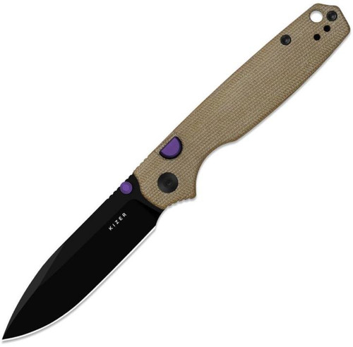 Pokiman (Brown Canvas Micarta) Button Linerlock Pocket Knife [3.14" Black PVD AEB-L] Kizer Cutlery V3789BDA1