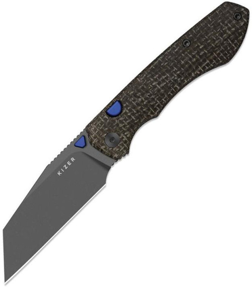 Wharning (GID Canvas Micarta) Button Linerlock Pocket Knife [3.40" Gray PVD Stonewash N690] Kizer Cutlery V3738BW3