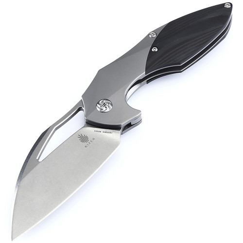 Kizer Megatherium Manual Knife Frame Lock Black Titanium/Carbon Fiber [3.625" Stonewash S35VN] Wharncliffe Ki4502A1