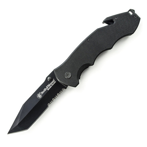 S&W Border Guard Manual Knife Liner Lock Black G-10 [4.50" Black Serrated]