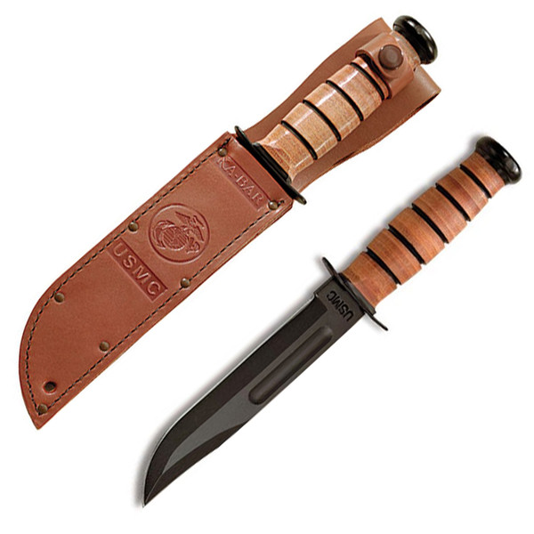 Ka-Bar USMC Fixed Blade Knife Brown Leather [7.00" Plain Black] Clip Point KA1217