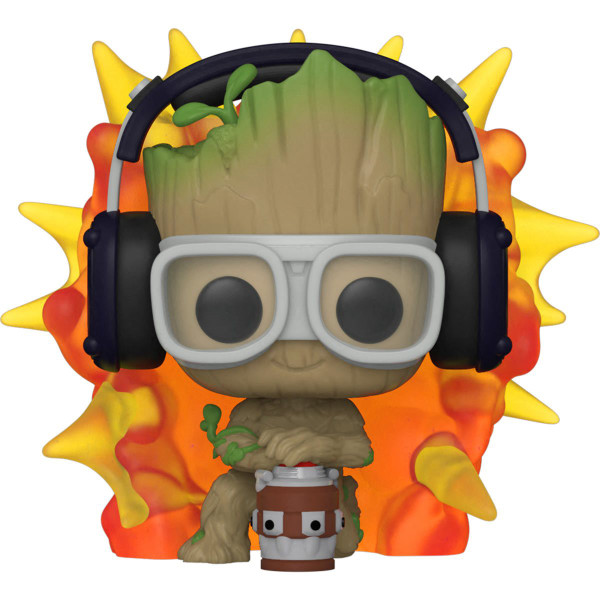 Funko Pop Groot with Detonator vinyl figure, part of the "I am Groot" series, standing 3 3/4 inches tall and made from high-quality vinyl.