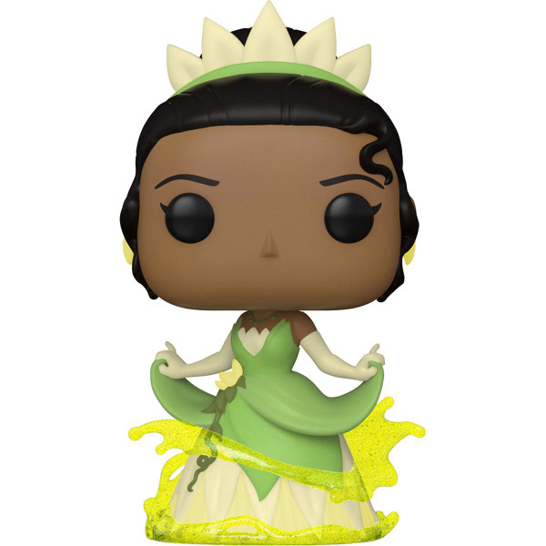 Funko Pop! Tiana Disney 100th Anniversary Vinyl Figure with Glow-in-the-Dark Paint Effect, SKU 22119. 3.75 inches tall, featuring Tiana in her iconic green dress and holding a lily pad.