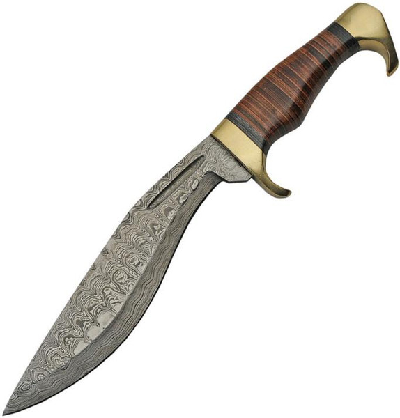 Damascus Leather Stacked Kukri Fixed Blade (13.5" Overall)