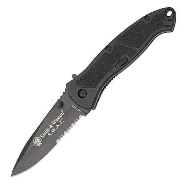 S&W Medium SWAT Spring Assisted Knife Liner Lock Black Aluminum [3.125" Black Serrated]