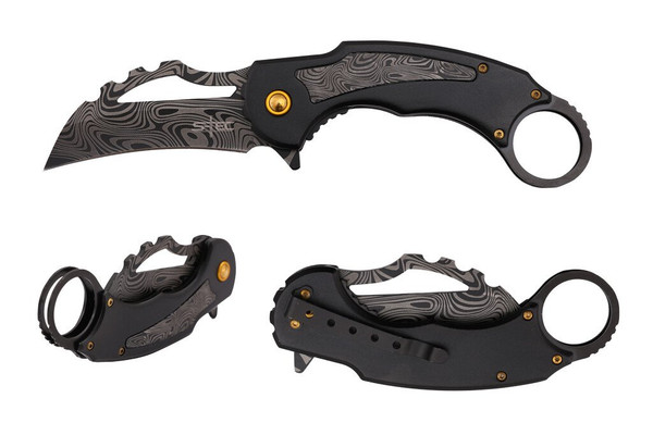 Stec Karambit Aluminum Handle Damascus Pattern Blade Flipper Pocket Knife