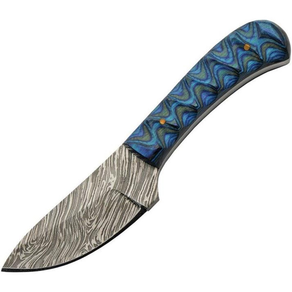 Damascus Boy's Skinner Sapphire Black / Blue Grooved Wood Handle Fixed Blade (6" Overall)