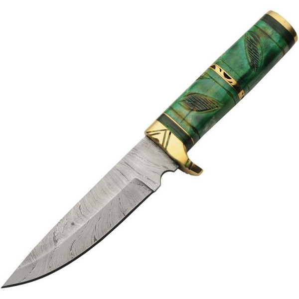 Damascus Forest Leaf Hunter Green Bone Handle Fixed Blade (10.5" Overall)