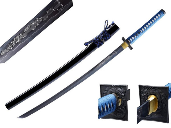 Dragon Engraved Blade Black Scabbard (Blue Wrap) Hand Forge Katana Samurai Sword 41" [65Mn Spring Steel] Sharp