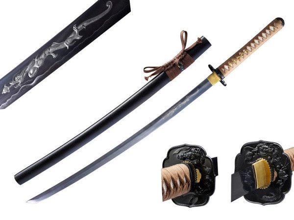 Dragon Engraved Blade Black Scabbard (Brown Wrap) Hand Forge Katana Samurai Sword 41" [65Mn Spring Steel] Sharp