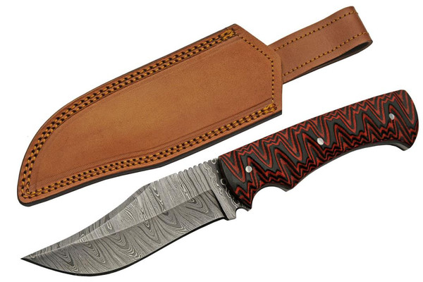 Damascus Magma River Hunter Red/Black Micarta Handle Fixed Blade (9.5" Overall)