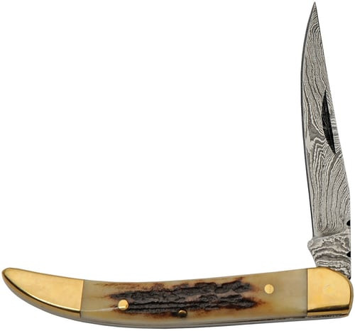 Damascus Stag Horn Toothpick Handle Folding Knife (3" Closed)