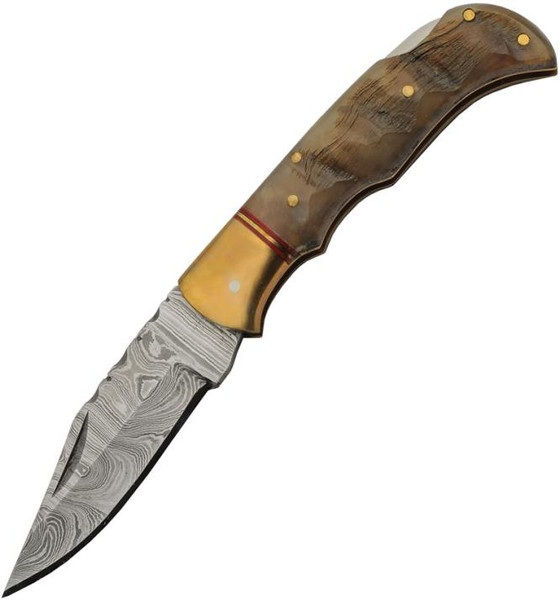 Damascus Ram Horn Brass Bolster Handle Folding Knife (3.75" Closed)